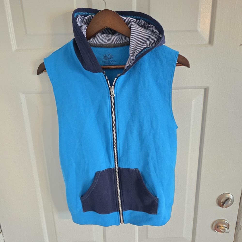 Fruit of the Loom Turquoise Sleeveless Zip Hoodie Vest with Navy Accents